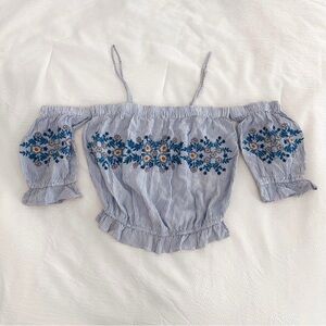American Eagle Blue Striped Off-the-shoulder Embroidered Crop Top in Size XS